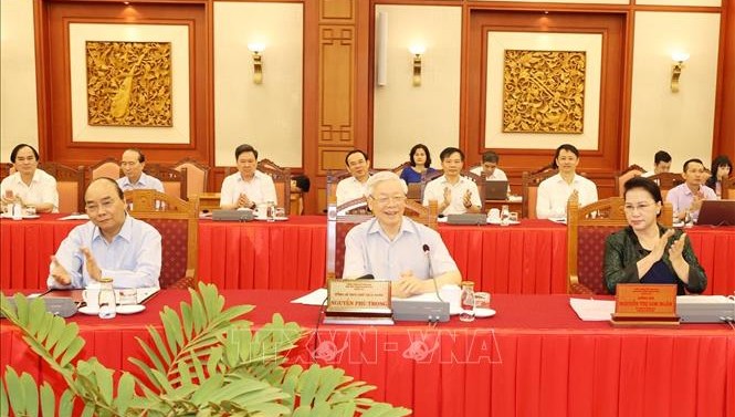 Tổng Bí thư, Chủ tịch nước Nguyễn Phú Trọng phát biểu tại buổi làm việc với Ban Thường vụ Thành ủy Hà Nội. Ảnh: TTXVN.