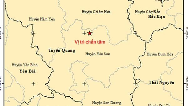 Bản đồ chấn tâm động đất ở Yên Sơn, Tuyên Quang.