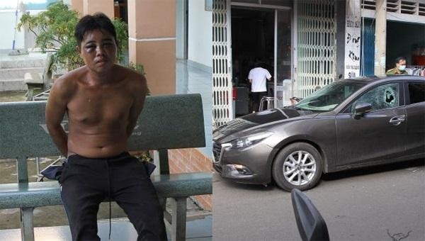Thanh niên ngáo đá và chiếc xe bị người này đập phá. Ảnh: Công an tỉnh Bình Phước.