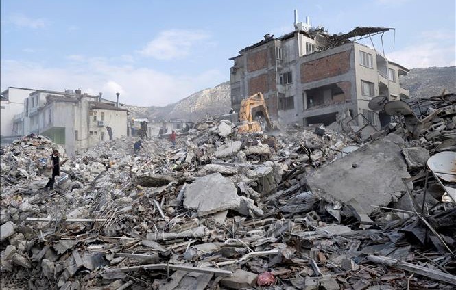 Cảnh đổ nát sau trận động đất tại Hatay, Thổ Nhĩ Kỳ, ngày 11/2/2023. Ảnh: AFP/TTXVN