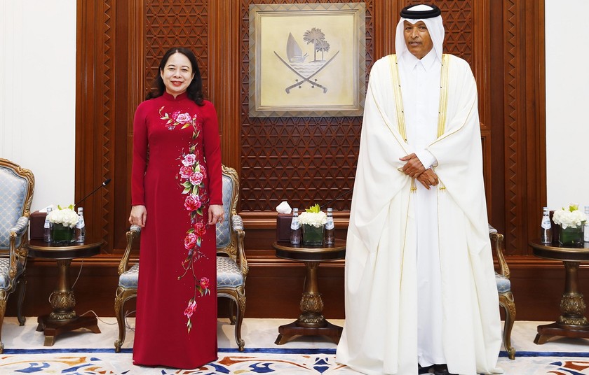 Phó Chủ tịch nước Võ Thị Ánh Xuân hội kiến Chủ tịch Quốc hội Qatar Hassan bin Abdullah Al-Ghanim.