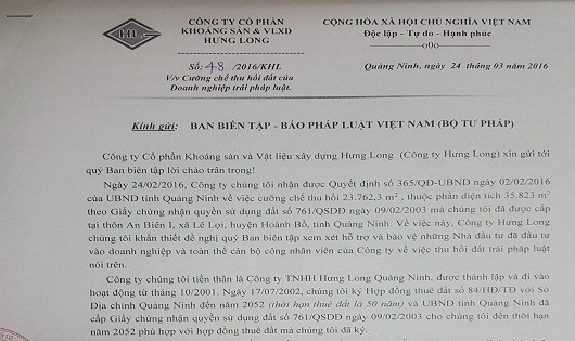 Đơn khiếu nại của Công ty CP khoáng sản và VLXD Hưng Long gửi đến Báo PLVN.