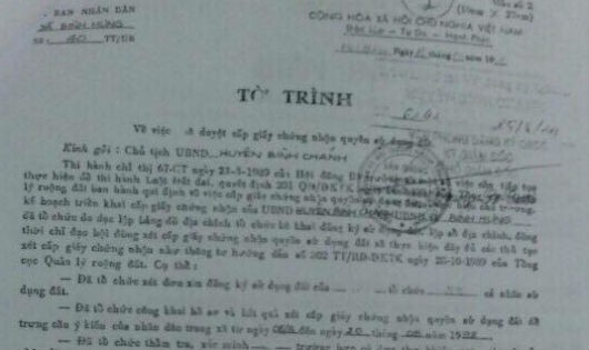 Tờ trình xác nhận của UBND xã Bình Hưng với nội dung: thuận cấp giấy chứng giấy chứng nhận quyền sử dụng đất cho hộ bà Lương Thị Mùi