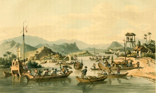 Thuyền bè trên sông tại Hội An. Hình vẽ khoảng năm 1792