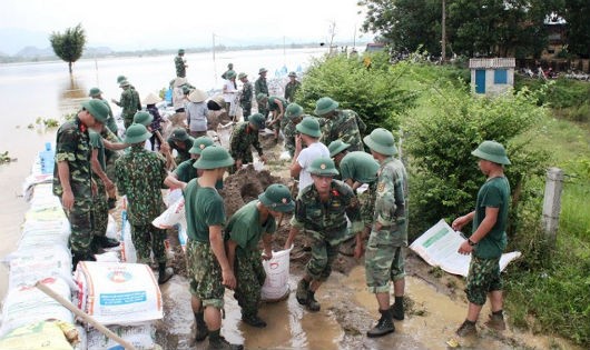 Bộ đội Trung đoàn 692, Sư đoàn 301, BTL Thủ đô Hà Nội giúp dân gia cố tuyến đê tả sông Bùi.