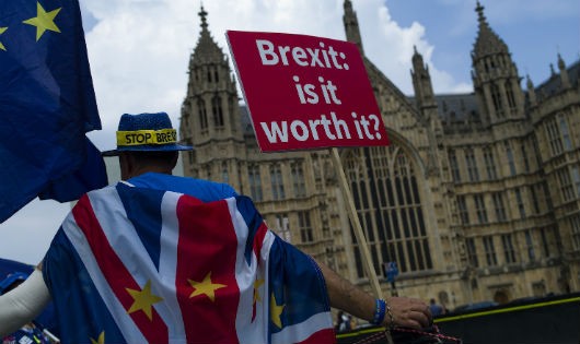  Một người phản đối Brexit đứng bên ngoài tòa nhà Quốc hội Anh