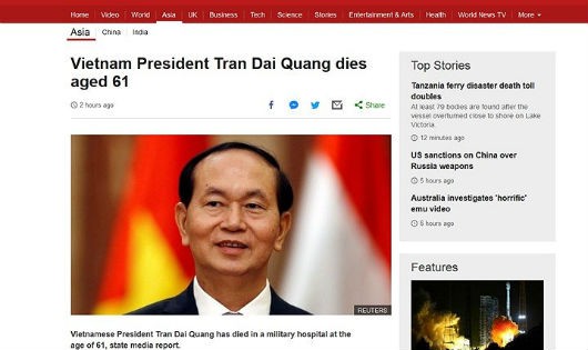 Báo điện tử của tổ hợp truyền thông Anh Quốc BBC cũng nhanh chóng đưa tin về sự ra đi của Chủ tịch Trần Đại Quang.