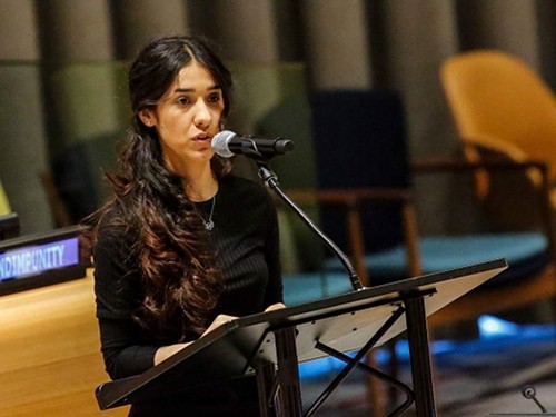 Nadia Murad phát biểu trước Liên Hợp Quốc tháng 3/2017. 