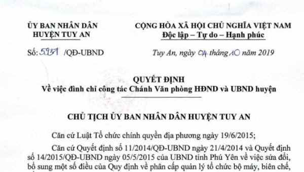 Quyết định đình chỉ Chánh Văn phòng UBND và HĐND huyện Tuy An