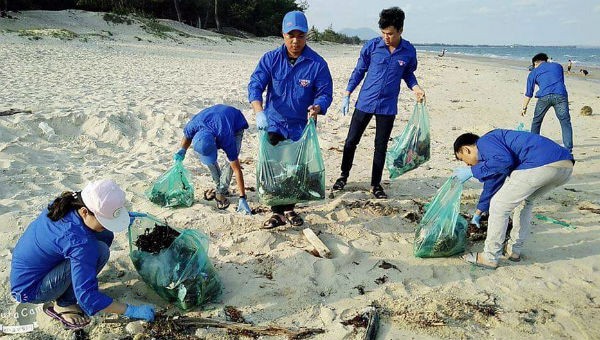 Các bạn trẻ trong một hoạt động nhặt rác tại bãi biển.