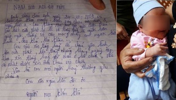 Cháu bé bị bỏ rơi kèm bức thư ở gần cổng chùa Địch Lương, xã Thanh Lương, huyện Vĩnh Bảo, Hải Phòng cuối tháng 10/2019.

