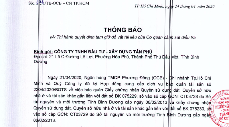 Thông báo của OCB khẳng định sổ đỏ nằm tại ngân hàng vì Tân Phú sử dụng dịch vụ bảo quản tài sản. 