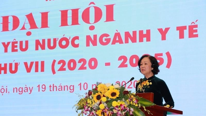 Đồng chí Trương Thị Mai, Ủy viên Bộ Chính trị, Bí thư Trung ương Đảng, Trưởng Ban dân vận Trung ương phát biểu tại Đại hội.