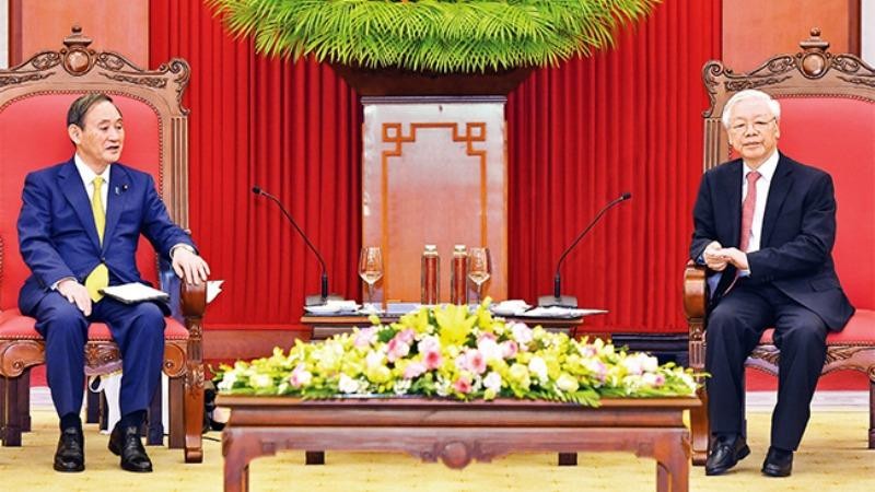 Tổng Bí thư, Chủ tịch nước Nguyễn Phú Trọng tiếp Thủ tướng Suga Yoshihide.