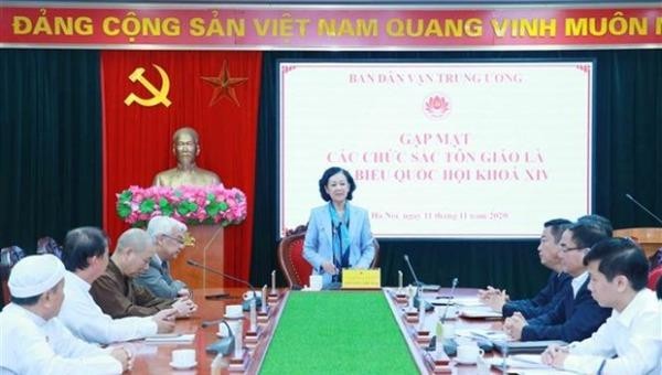 Trưởng Ban Dân vận Trung ương Trương Thị Mai phát biểu tại buổi gặp mặt. (Ảnh: Phương Hoa/TTXVN).