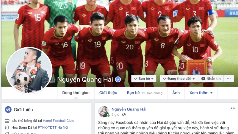 Cầu thủ Quang Hải bị hack nick facebook gây nhiều thiệt hại về mặt tinh thần và thương hiệu.