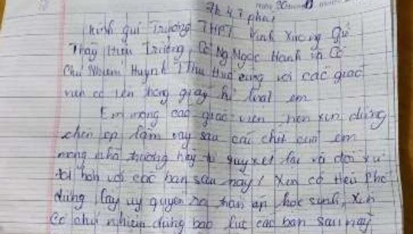 Lá thư tuyệt mệnh của nữ sinh để lại gia đình gửi nhà trường trước khi tự tử bất thành.