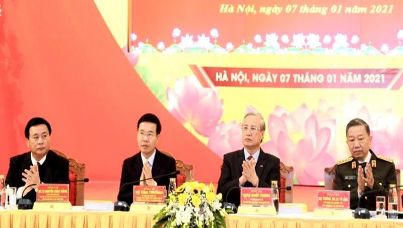Các đồng chí: Trần Quốc Vượng, Đại tướng Tô Lâm, Võ Văn Thưởng và Nguyễn Xuân Thắng đồng chủ trì Hội thảo.