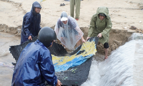 Chính quyền và người dân huyện Phú Vang nỗ lực khắc phục các điểm sạt lở do mưa lũ gây ra. (Ảnh: Quỳnh Anh).