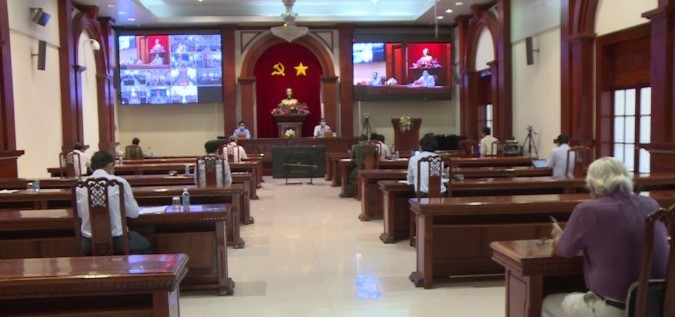 Điểm cầu UBND tỉnh Tiền Giang tại Hội nghị trực tuyến để triển khai Chỉ thị số 16/CT-TTg của Thủ tướng Chính phủ. Ảnh: THTG