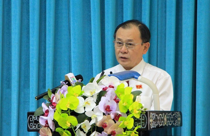 Phó Chủ tịch HĐND tỉnh Huỳnh Quang Triệu phát biểu tại Kỳ họp. Ảnh: HuyềnTrang