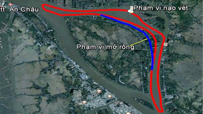 Phạm vi thực hiện Dự án nhằm hạn chế sạt lở bờ sông Hậu, bảo vệ đô thị TP Long Xuyên (An Giang) thích ứng với biến đổi khí hậu.
