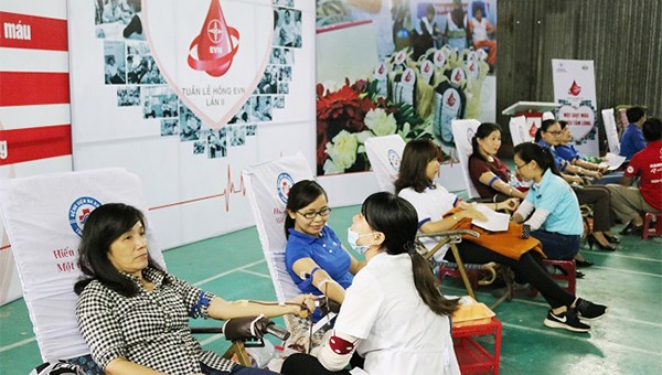 Nữ công nhân viên chức lao động PC Quảng Ngãi tham gia hiến máu tình nguyên nhân tuần lễ hồng EVN.