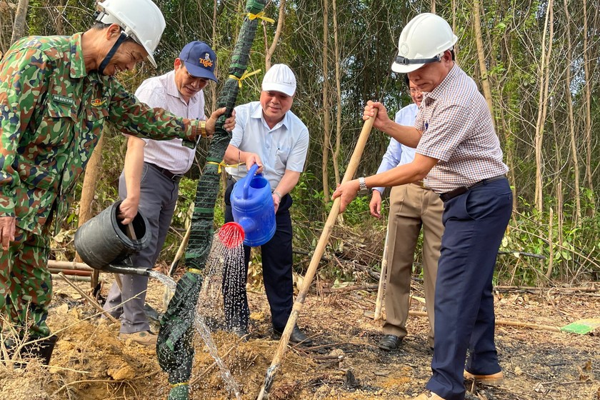 Lãnh đạo tỉnh Quảng Ngãi và huyện Trà Bồng tham gia trồng cây ở Gò Diêm.