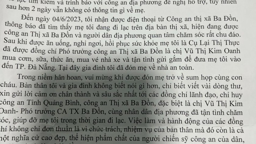 Nội dung thư cảm ơn của anh Nguyễn Thành Chung, gửi lực lượng Công an Quảng Bình và cá nhân Thượng tá Vũ Thị Kim Oanh cùng người dân địa phương.