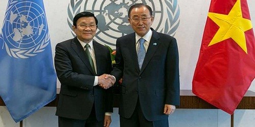 Chủ tịch nước Trương Tấn Sang gặp Tổng thư ký Liên Hợp Quốc Ban Ki-moon. Ảnh: TTXVN