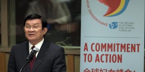 Chủ tịch nước Trương Tấn Sang phát biểu tại Hội nghị Lãnh đạo toàn cầu về bình đẳng giới và trao quyền cho phụ nữ. (Ảnh: Reuters)
