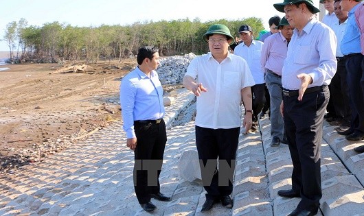 Phó Thủ tướng Trịnh Đình Dũng khảo sát kè đê biển tại thị xã Vĩnh Châu, tỉnh Sóc Trăng tháng 4/2016.