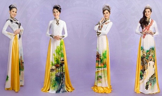 Bộ thiết kế áo dài “Một thoáng Việt Nam” gây ấn tượng mạnh khi thể hiện được các danh lam thắng cảnh nổi tiếng nhất của Việt Nam.