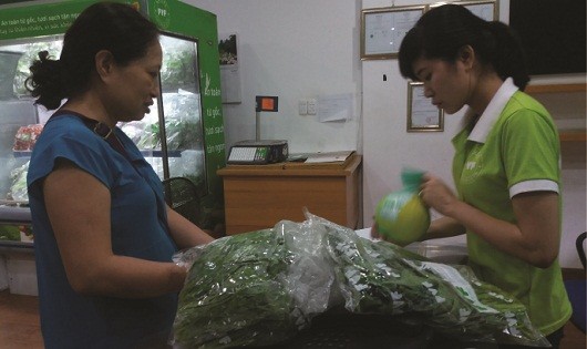 Khách hàng đang mua rau sạch tại cửa hàng của FVF.