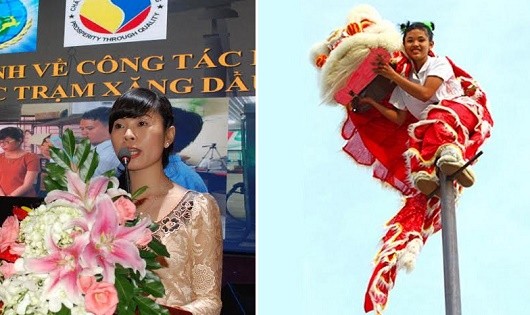 Chị Đỗ Ngọc Thanh Phương (trái) và chị Lê Yến Quyên trên đỉnh cột 7m trong màn múa mai hoa thung.