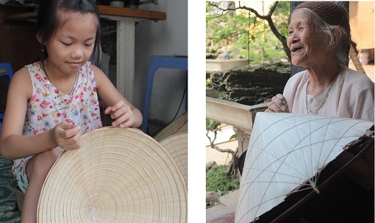 Cô bé 10 tuổi say mê với nghề làm nón truyền thống của làng (trái) và Cụ bà Lưu Thị Thu, 94 tuổi, vừa khâu nón vừa vui vẻ kể chuyện về nghề.