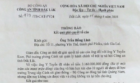 Thông báo giải quyết đơn tố cáo của công an tỉnh Đắk Lắk