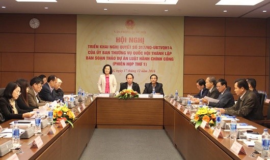 Đại biểu Quốc hội Trần Thị Quốc Khánh phát biểu tại phiên họp của Ban soạn thảo Dự án Luật Hành chính công.