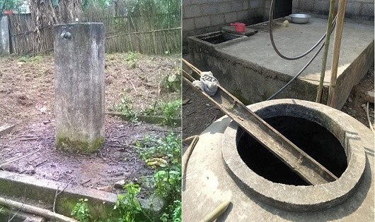 Công trình nước sạch Nhà nước đầu tư cho người dân không hiệu quả do thiếu nguồn nước (trái) dẫn đến những chiếc bể xi măng ở Cốc Rầy, Nặm Dọi chỉ để hứng nước mưa (phải).