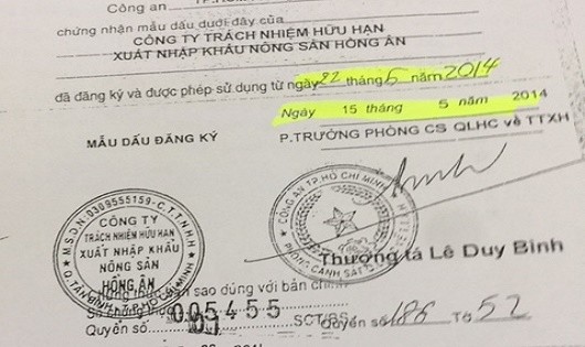 Con dấu của Cty Hồng Ân đã đăng ký và được phép sử dụng ngày 22/5/2014.