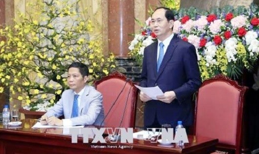 Chủ tịch nước Trần Đại Quang phát biểu tại buổi gặp mặt. Ảnh: Nhan Sáng/TTXVN