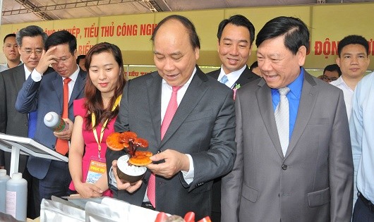 Thủ tướng Nguyễn Xuân Phúc tham quan gian hàng trưng bày hàng nông sản của tỉnh Vĩnh Long