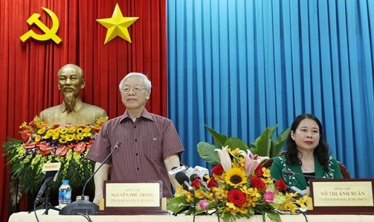 Tổng Bí thư Nguyễn Phú Trọng phát biểu tại buổi làm việc với cán bộ chủ chốt tỉnh An Giang.