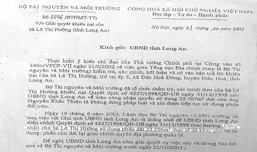 Bộ TN&MT và UBND tỉnh Long An từng thống nhất công nhận 22.256m2 đất cho bà Hường.