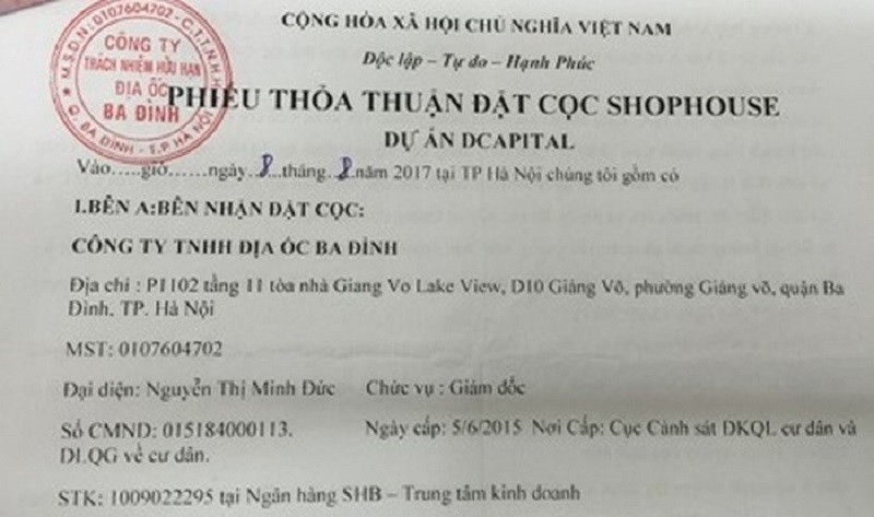 Phiếu thỏa thuận thu tiền đặt cọc mà Phạm Bình Minh lập để chiếm đoạt tiền của những người mua shophouse tại dự án D’Capitale Trần Duy Hưng (Ảnh: ANTĐ)