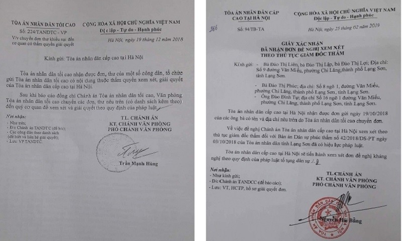 Văn bản của TAND Tối cao và TAND Cấp cao tại Hà Nội về vụ án này.
