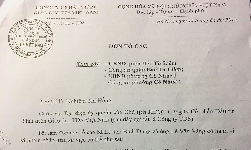 Đơn tố cáo ông Lê Văn Vàng có hành vi trộm cắp tài sản của Công ty TDS