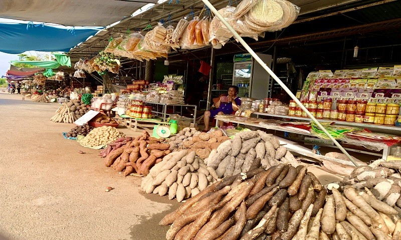 Các gian hàng bày bán rau củ tại Chợ nông sản Thạnh Hóa.