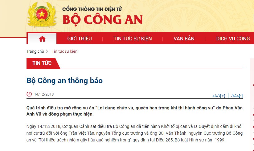 Khởi tố hai cựu Thứ trưởng Bộ Công an Trần Việt Tân và Bùi Văn Thành