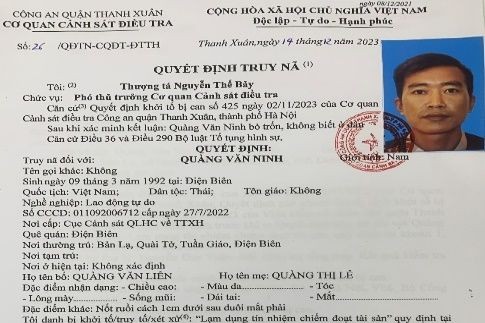 Quyết định truy nã đối tượng Quàng Văn Ninh. (Ảnh: Công an TP Hà Nội)